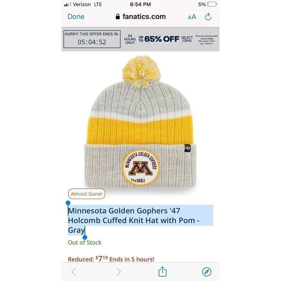Minnesota Golden Gophers '47 Holcomb Cuffed Knit Hat with Pom - Gray New - Picture 1 of 4